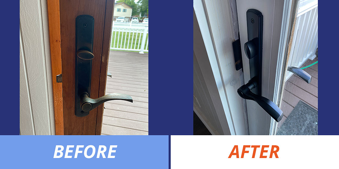 before and after picture of a patio door handle that was painted black