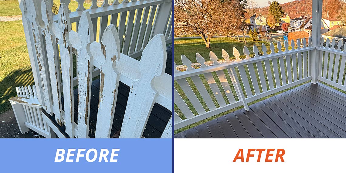 before and after picture of hand railing that had peeling paint