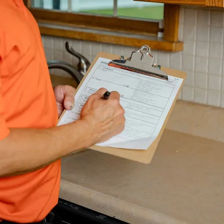 Rapid Repair Guy tech holding a clipboard checklist